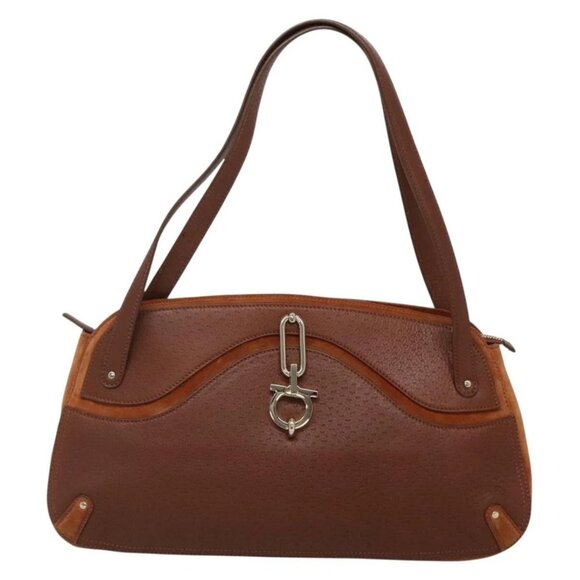 Salvatore Ferragamo Gancini Shoulder Bag Suede Brown Gold Auth - Picture 6 of 16
